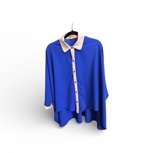 Women's Blue Button-Front Blouse with Pale Pink Trim